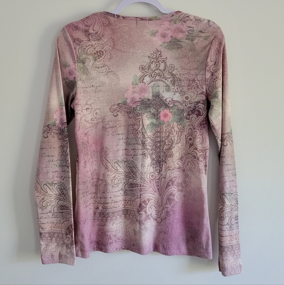 One World Floral Boho Gem Pink Crewneck Long Sleeve Top‎ M - Picture 2 of 7